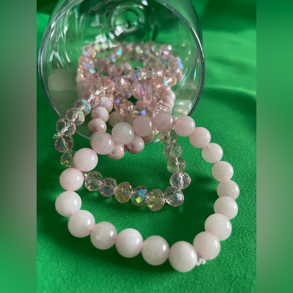 Pink glass beaded stretch bracelets 8mm